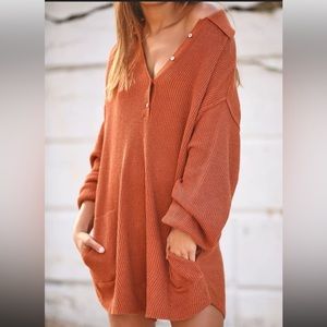 Free People Ribbed Henley Swim Coverup in Rust Orange